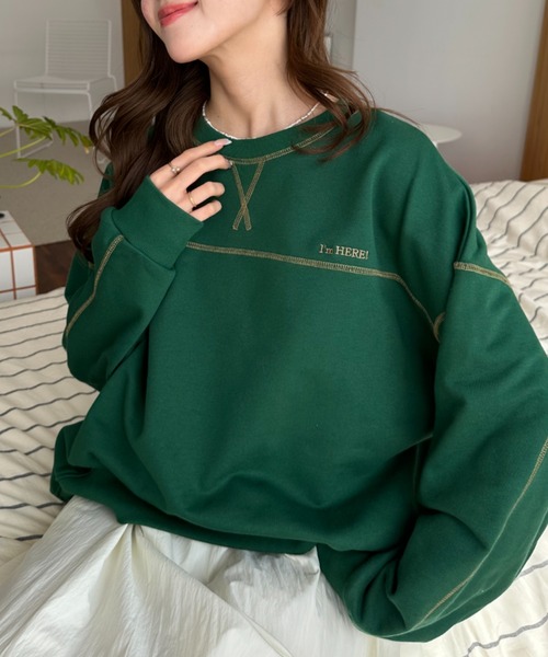 umune(ウムネ)の「スウェット ステッチ 配色 プルオーバー トレーナー 裏毛 クルーネック ビッグシルエット 長袖 トップス カジュアル 秋冬(スウェット・レディース・ブラック/オートミール/ケリーグリーン・FREE)」の10枚目の写真