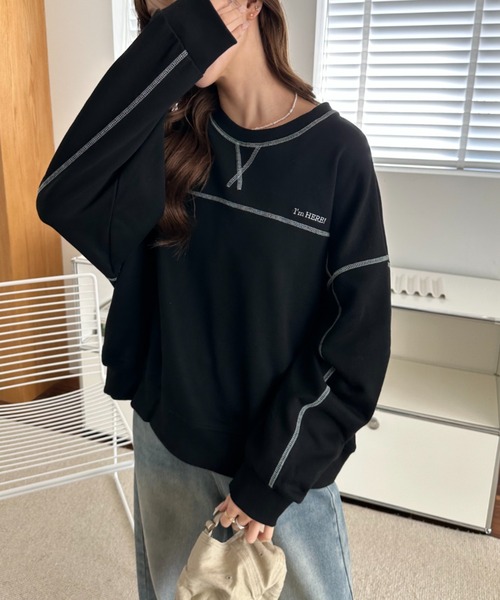 umune(ウムネ)の「スウェット ステッチ 配色 プルオーバー トレーナー 裏毛 クルーネック ビッグシルエット 長袖 トップス カジュアル 秋冬(スウェット・レディース・ブラック/オートミール/ケリーグリーン・FREE)」の19枚目の写真