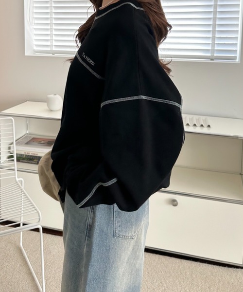 umune(ウムネ)の「スウェット ステッチ 配色 プルオーバー トレーナー 裏毛 クルーネック ビッグシルエット 長袖 トップス カジュアル 秋冬(スウェット・レディース・ブラック/オートミール/ケリーグリーン・FREE)」の21枚目の写真
