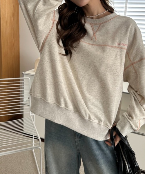 umune(ウムネ)の「スウェット ステッチ 配色 プルオーバー トレーナー 裏毛 クルーネック ビッグシルエット 長袖 トップス カジュアル 秋冬(スウェット・レディース・ブラック/オートミール/ケリーグリーン・FREE)」の11枚目の写真