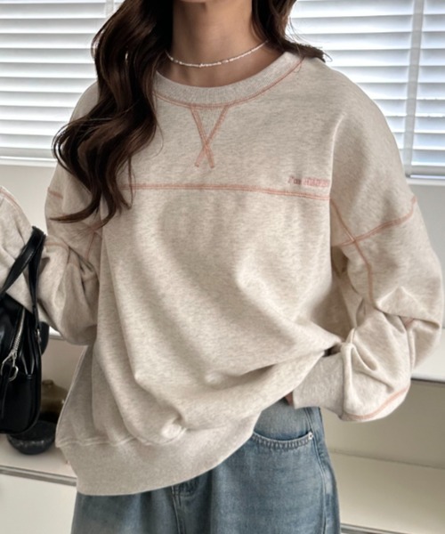umune(ウムネ)の「スウェット ステッチ 配色 プルオーバー トレーナー 裏毛 クルーネック ビッグシルエット 長袖 トップス カジュアル 秋冬(スウェット・レディース・ブラック/オートミール/ケリーグリーン・FREE)」の12枚目の写真