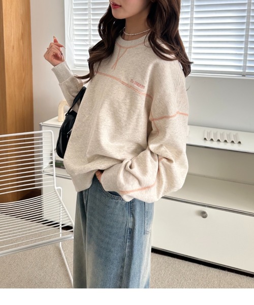 umune(ウムネ)の「スウェット ステッチ 配色 プルオーバー トレーナー 裏毛 クルーネック ビッグシルエット 長袖 トップス カジュアル 秋冬(スウェット・レディース・ブラック/オートミール/ケリーグリーン・FREE)」の13枚目の写真