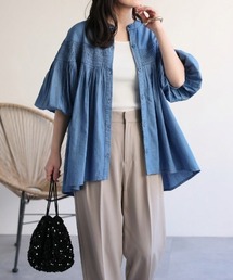 【India Fabric】ピンタックギャザーフレアデニムブラウス