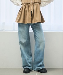 Right-on | 【HONEYSUCKLE ROSE】ハイライズ ワイドデニムパンツ (ヴィンテージ加工 / 体型カバー / 大人カジュアル)(デニムパンツ)