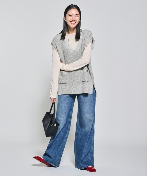 Right-on（ライトオン）の「【HONEYSUCKLE ROSE】ハイライズ ワイドデニムパンツ (ヴィンテージ加工 / 体型カバー / 大人カジュアル)（デニムパンツ・レディース・ノンウォッシュ/ダークインディゴブルー/ライトインディゴブルー・S/M/L/XL）」の6枚目の写真