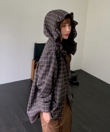 LYEON（リヨン）の「フリルフーディーチェックシャツ（シャツ/ブラウス）」