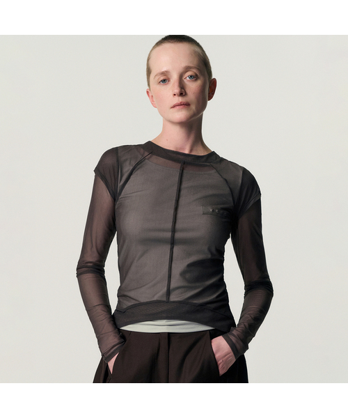 KIMZISU(キムジス)の「Veiled Mesh Shell LS T-shirt_BROWN(Tシャツ/カットソー・レディース・ブラウン・MEDIUM/SMALL)」の1枚目の写真