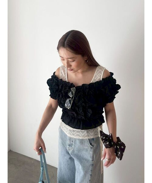 LAGUNAMOON(ラグナムーン)の「LADYシャーリングブラウスパンツドレス オケージョンドレス セットアップ(パンツドレス・レディース・ブラック/ミント・MEDIUM/SMALL)」の3枚目の写真