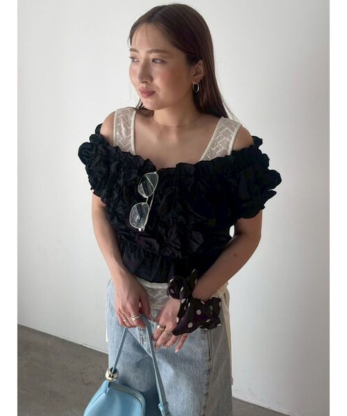 LAGUNAMOON(ラグナムーン)の「LADYシャーリングブラウスパンツドレス オケージョンドレス セットアップ(パンツドレス・レディース・ブラック/ミント・MEDIUM/SMALL)」の4枚目の写真