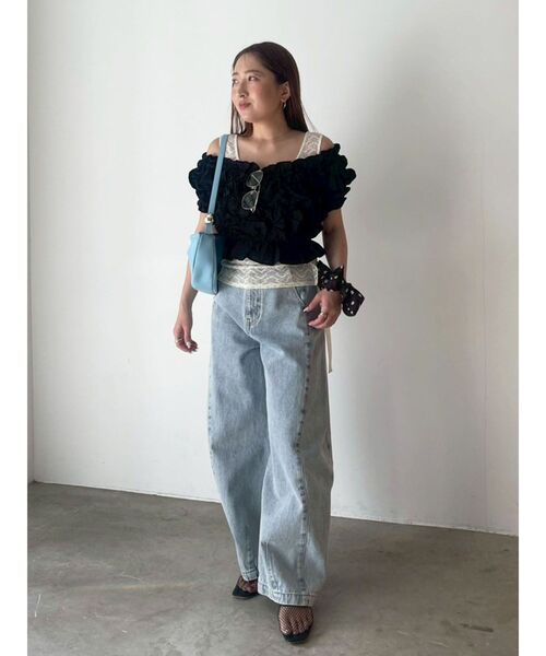 LAGUNAMOON(ラグナムーン)の「LADYシャーリングブラウスパンツドレス オケージョンドレス セットアップ(パンツドレス・レディース・ブラック/ミント・MEDIUM/SMALL)」の6枚目の写真