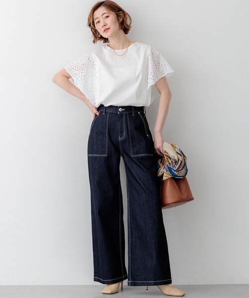 23区 L(ニジュウサンクオオキイサイズ)の「カットワークエンブロイダリー デザインスリーブ トップス(Tシャツ/カットソー・レディース・ダークブラウン系/ブラック系/黄土色系/ホワイト系・44/48/46)」の13枚目の写真