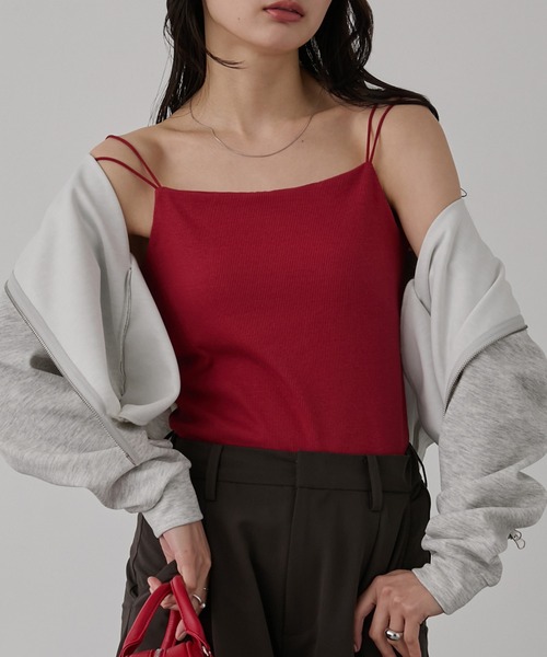 MONO-MART（モノマート）の「【SOFRIBCOシリーズ】カップ付きダブルストラップ リブキャミソール＜接触冷感 / UVカット＞（キャミソール・レディース・ライトグレー/ブラウン/レッド/ダークグレー/モカ/ブルー系/ブラック系/オフホワイト/ブラック・S/M/L）」の9枚目の写真