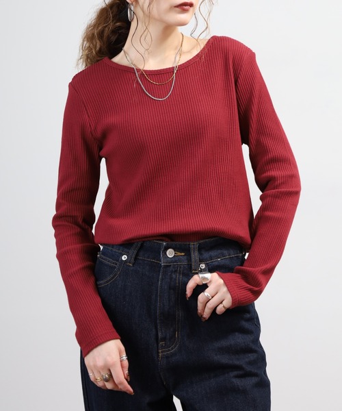 OMNES(オムネス)の「OMNES Another Edition 後ろV開き リブカットソー 長袖プルオーバー(Tシャツ/カットソー・レディース・テラコッタ/ホワイト・FREE)」の2枚目の写真