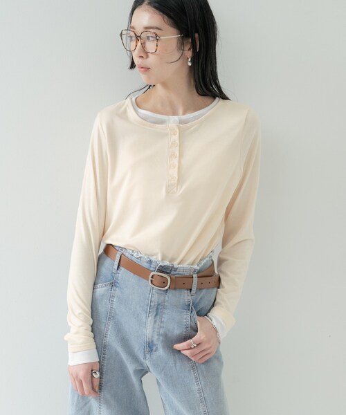 GALLEST（ギャレスト）の「バイカラーヘンリーネックカットソー（Tシャツ/カットソー・レディース・グレー/ライトイエロー系/チャコールグレー・38）」の5枚目の写真