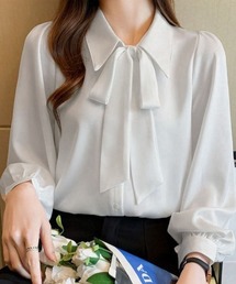 shoppinggo（ショッピングゴー）の「リボン付きシャツ ビジネス オフィス カジュアル トップス レース切替え 長袖 オフィス 韓国風 フォーマル 通勤OL（シャツ/ブラウス）」