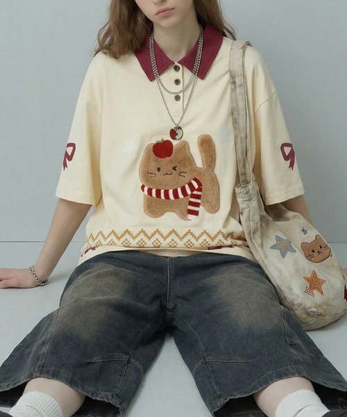 HOOK(フック)の「ふわふわネコ刺繍 半袖ポロシャツ (SS)(Tシャツ/カットソー・メンズ・イエロー/ブラック・FREE)」の1枚目の写真