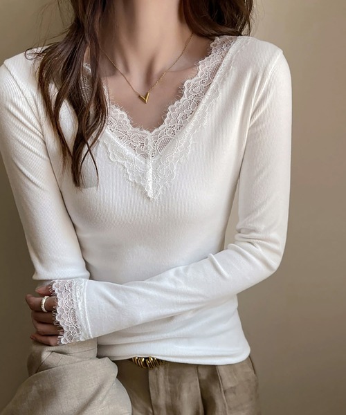 Doux Belle（ドゥーベル）の「レース付きVネックトップス（Tシャツ/カットソー・レディース・ホワイト/ブラック・LARGE/MEDIUM）」の8枚目の写真