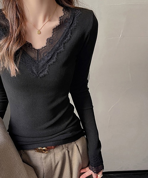 Doux Belle（ドゥーベル）の「レース付きVネックトップス（Tシャツ/カットソー・レディース・ホワイト/ブラック・LARGE/MEDIUM）」の9枚目の写真