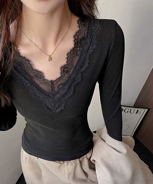 Doux Belle（ドゥーベル）の「レース付きVネックトップス（Tシャツ/カットソー・レディース・ホワイト/ブラック・LARGE/MEDIUM）」の12枚目の写真