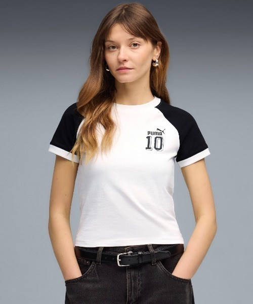 PUMA(プーマ)の「PUMA FUTURE.PUMA.ARCHIVE SLIM SHORT RINGER T-SHIRT(プーマ フューチャー プーマ アーカイブ スリム ショート リンガー Tシャツ)(Tシャツ/カットソー・レディース・ホワイト系/イエロー系・SMALL/MEDIUM/LARGE)」の1枚目の写真