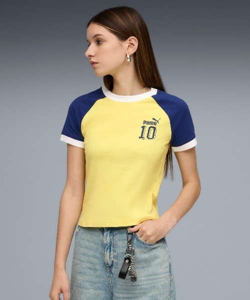 PUMA(プーマ)の「PUMA FUTURE.PUMA.ARCHIVE SLIM SHORT RINGER T-SHIRT(プーマ フューチャー プーマ アーカイブ スリム ショート リンガー Tシャツ)(Tシャツ/カットソー・レディース・ホワイト系/イエロー系・SMALL/MEDIUM/LARGE)」の2枚目の写真