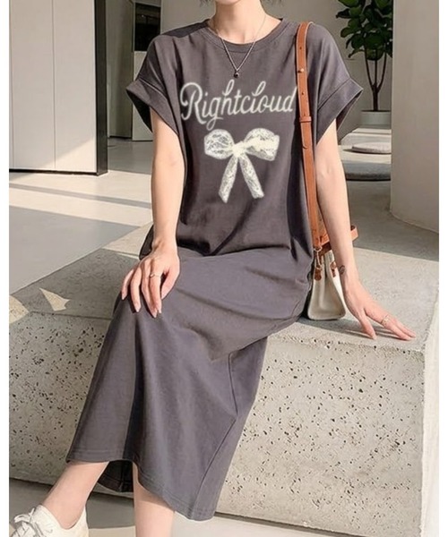 セール】リボン ロゴ プリントフレンチスリーブ ロング丈Tシャツ