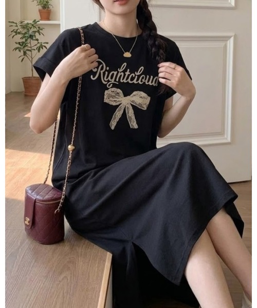 セール】リボン ロゴ プリントフレンチスリーブ ロング丈Tシャツ