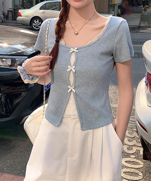 leune（ルネ）の「レースレイヤード風テレコトップス（Tシャツ/カットソー・レディース・ブルー・FREE）」の3枚目の写真