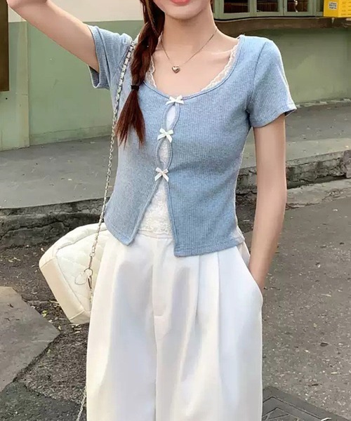 leune（ルネ）の「レースレイヤード風テレコトップス（Tシャツ/カットソー・レディース・ブルー・FREE）」の4枚目の写真