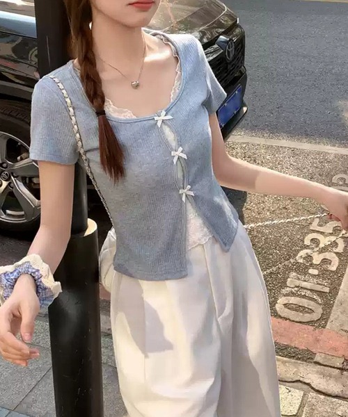 leune（ルネ）の「レースレイヤード風テレコトップス（Tシャツ/カットソー・レディース・ブルー・FREE）」の6枚目の写真