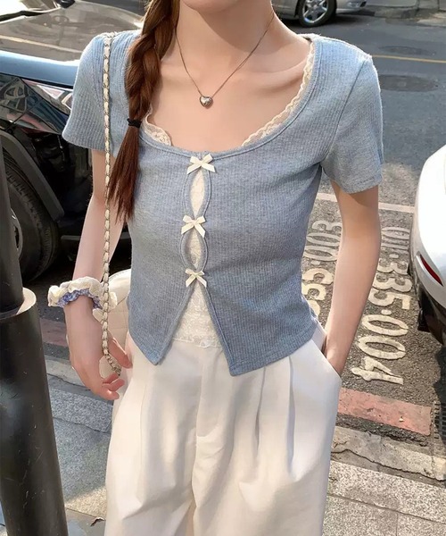 leune（ルネ）の「レースレイヤード風テレコトップス（Tシャツ/カットソー・レディース・ブルー・FREE）」の5枚目の写真