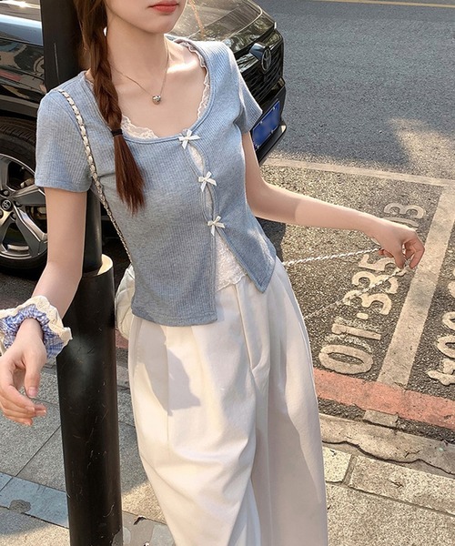 leune（ルネ）の「レースレイヤード風テレコトップス（Tシャツ/カットソー・レディース・ブルー・FREE）」の7枚目の写真