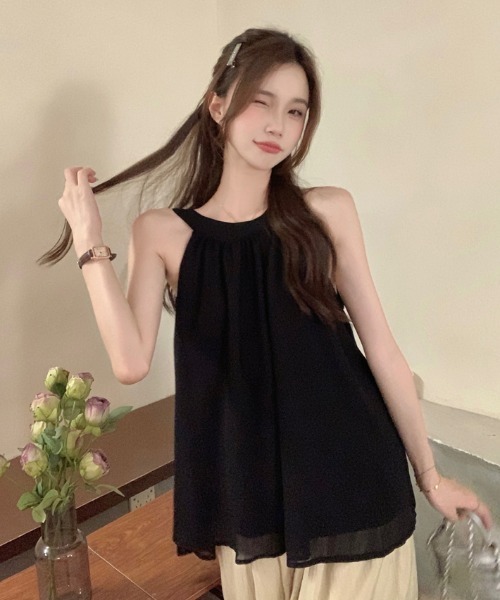 Aelina(エリナ)の「シフォンノースリーブトップス(キャミソール・レディース・ブラック/ベージュ・FREE)」の7枚目の写真