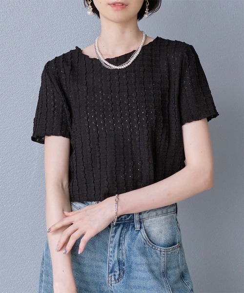 Rejoule（リジュール）の「立体ストライプ ジャガード半袖シアートップス（Tシャツ/カットソー・レディース・アイボリー/ホワイト/ブラック/ライトブルー・FREE）」の13枚目の写真