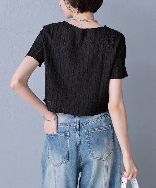Rejoule（リジュール）の「立体ストライプ ジャガード半袖シアートップス（Tシャツ/カットソー・レディース・アイボリー/ホワイト/ブラック/ライトブルー・FREE）」の15枚目の写真