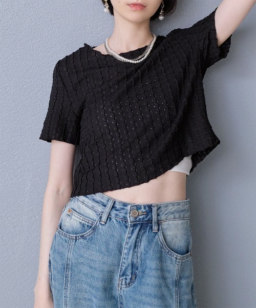 Rejoule（リジュール）の「立体ストライプ ジャガード半袖シアートップス（Tシャツ/カットソー・レディース・アイボリー/ホワイト/ブラック/ライトブルー・FREE）」の16枚目の写真