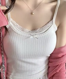 【 ammy. / エイミードット 】 レース レイヤード風 リブ キャミソール / カップ付き キャミソール