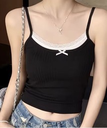 【 ammy. / エイミードット 】 レース レイヤード風 リブ キャミソール / カップ付き キャミソール