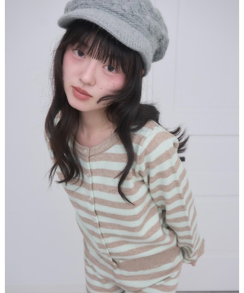 One-point stripe knit cardigan/ ワンポイントボーダーニット