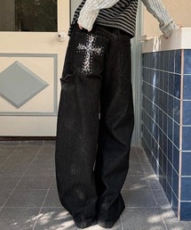 レオパードクロス×スターモチーフ ワイドデニムパンツ
