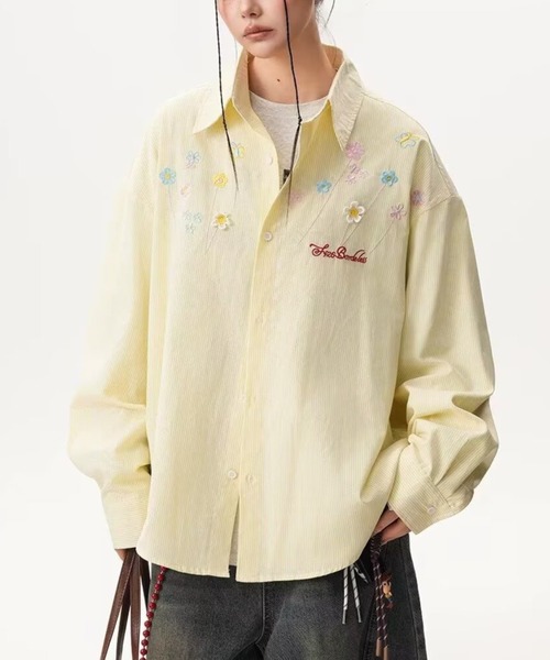 FreeZone(フリーゾーン)の「小花刺繍ストライプオーバーサイズシャツ(シャツ/ブラウス・メンズ・ピンク/ブルー/イエロー・F)」の22枚目の写真