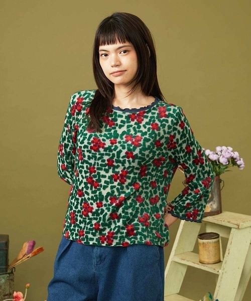 Jocomomola(ホコモモラ)の「【日本製】Estampa フラワーモチーフジャカードカットソー(Tシャツ/カットソー・レディース・グリーン/オレンジ系その他・40)」の2枚目の写真