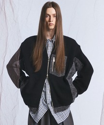 《UNISEX》異素材ドッキングプライムオーバークルーネックニットブルゾン/Mixed Materials Docking Prime-Over Crew Neck Knit Sweater Blouson【MAISON SPECIAL/メゾンスペシャル】