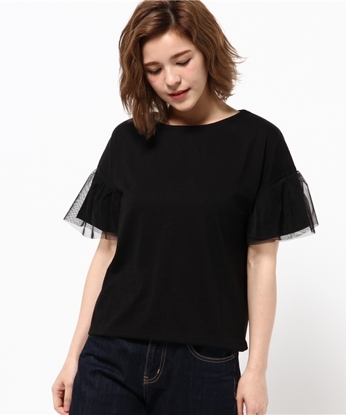 earth music&ecology(アースミュージックアンドエコロジー)の「袖チュールドッキングプルオーバー(Tシャツ/カットソー・レディース・オフホワイト/ブラック/ライトピンク/サックスブルー・FREE)」の12枚目の写真