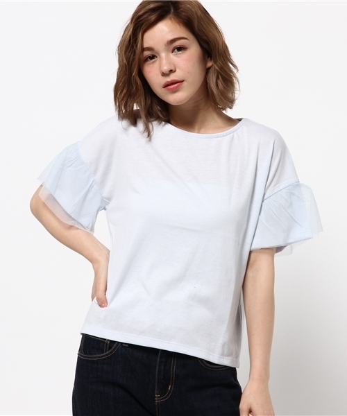 earth music&ecology(アースミュージックアンドエコロジー)の「袖チュールドッキングプルオーバー(Tシャツ/カットソー・レディース・オフホワイト/ブラック/ライトピンク/サックスブルー・FREE)」の13枚目の写真