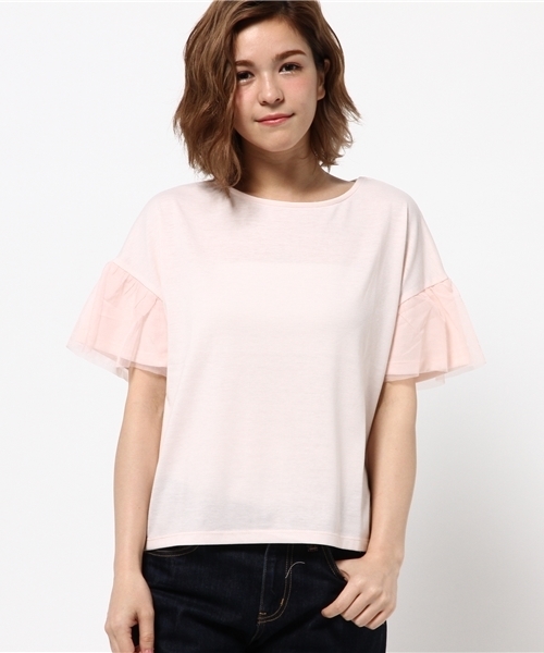 earth music&ecology(アースミュージックアンドエコロジー)の「袖チュールドッキングプルオーバー(Tシャツ/カットソー・レディース・オフホワイト/ブラック/ライトピンク/サックスブルー・FREE)」の14枚目の写真