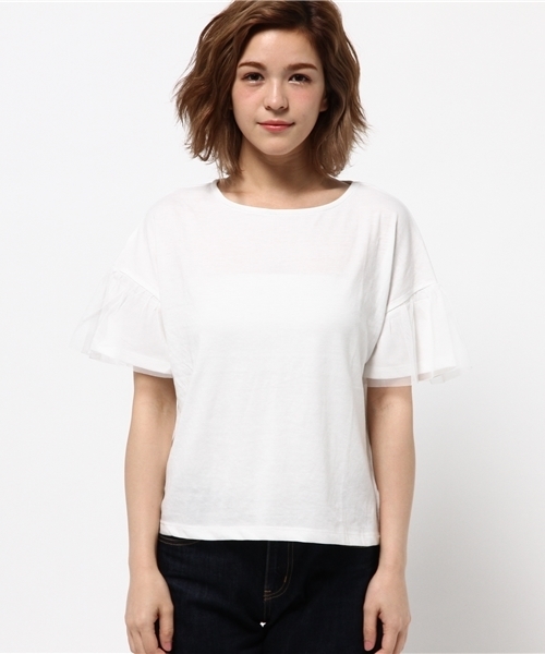 earth music&ecology(アースミュージックアンドエコロジー)の「袖チュールドッキングプルオーバー(Tシャツ/カットソー・レディース・オフホワイト/ブラック/ライトピンク/サックスブルー・FREE)」の5枚目の写真