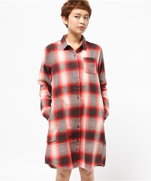 Grn ジーアールエヌ の Grn ビエラチェック生地 長袖ネルシャツワンピース シャツワンピース Wear