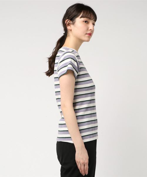 Culture Medium(カルチャーミディアム)の「先染めマルチボーダーリブTOPS(Tシャツ/カットソー・レディース・ベージュ/パープル/ネイビー/サックスブルー・FREE)」の11枚目の写真