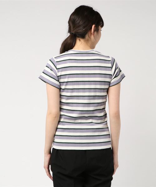 Culture Medium(カルチャーミディアム)の「先染めマルチボーダーリブTOPS(Tシャツ/カットソー・レディース・ベージュ/パープル/ネイビー/サックスブルー・FREE)」の10枚目の写真